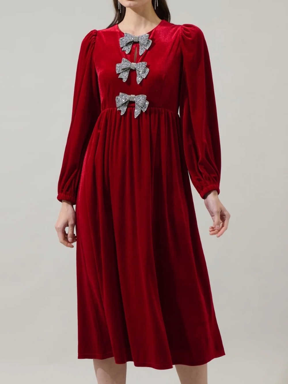 Sugarlips Jena Glow Rhinestone Bow Velvet Midi Dress